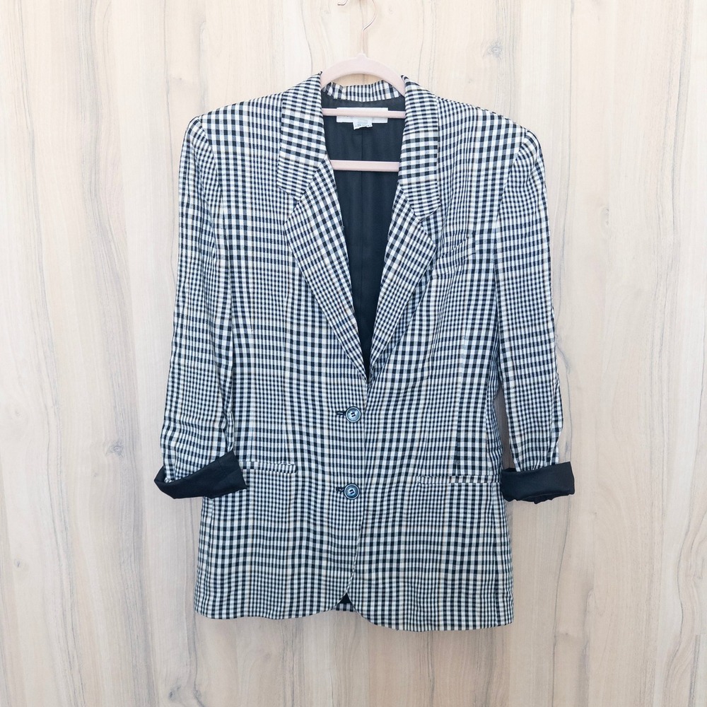 Vintage Jones New York Womens Plaid Blazer 4 Black White 90s Preppy Career Chic